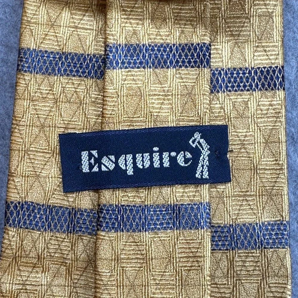 Esquire 100% Silk Gold Blue Striped Necktie Made in Korea Vintage 58x3.75in